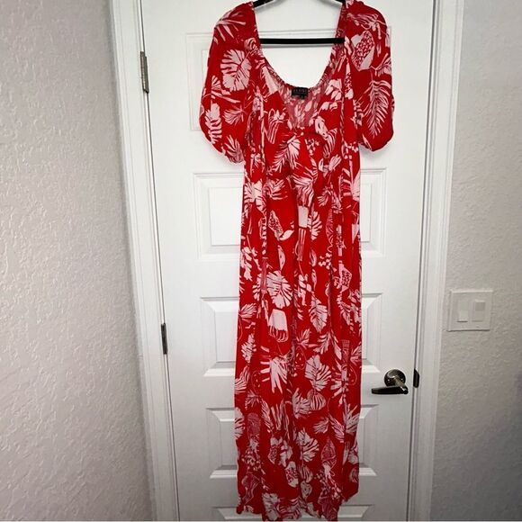Eloquii Tropical Print Tie Front Off On Shoulder Maxi Dress - Picture 3 of 12
